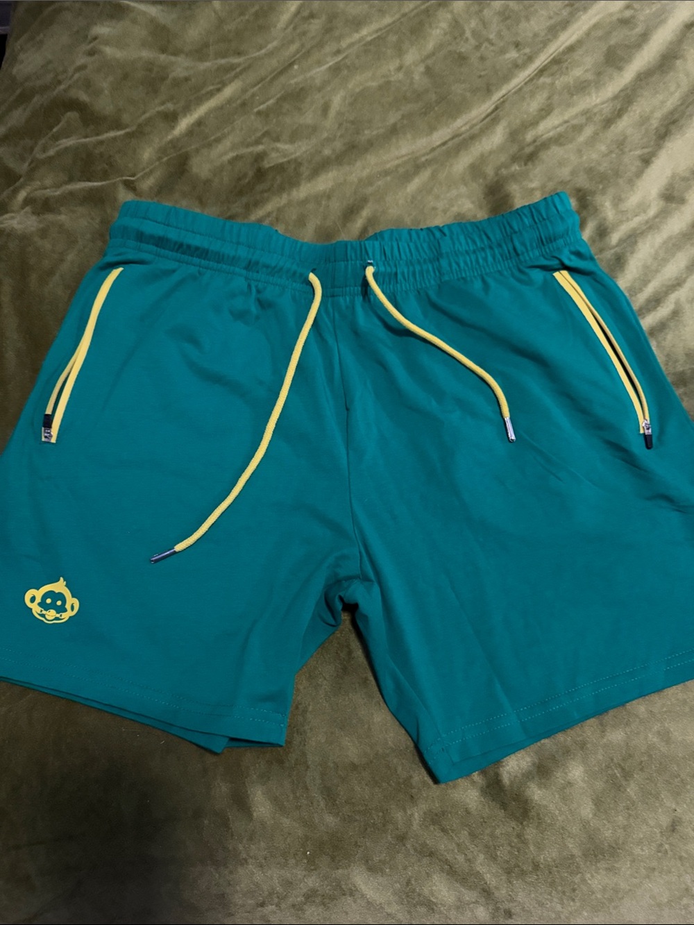 Slu?t Monkey GREEN b Active Drawstring Shorts with Yellow Accents